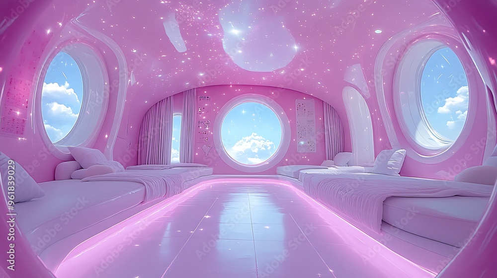 Canvas Prints Futuristic Pink Bedroom with Round Windows and Starry Ceiling.