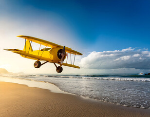  A yellow toy airplane flying near a beach, symbolizing play and imagination. _1(219)