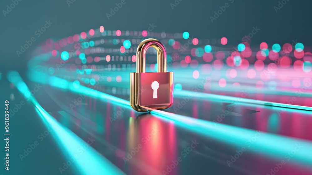 Poster a conceptual image depicting digital security and data privacy, with a padlock overlaying binary cod