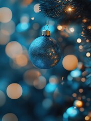 Fototapeta premium Weihnachtskugeln und verschwommene, glÃ¤nzende Lichter, blaues Bokeh