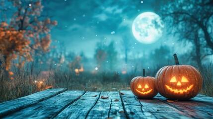 Two illuminated jack o'lanterns sitting on a wooden surface in a spooky forest