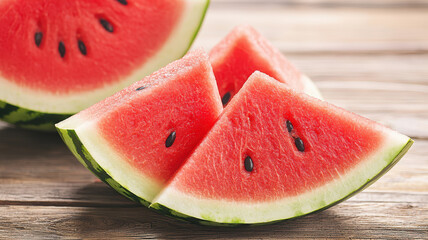 Freshly sliced watermelon pieces on a wooden table, showcasing vibrant colors and juicy texture perfect for summer delights.