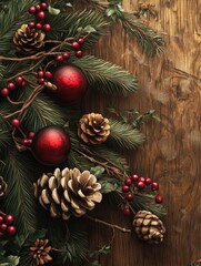 Weihnachtsschmuck Tannenzweig am oberen rand auf Holzhintergrund, Draufsicht.