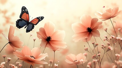 Delicate Peach Flowers and Butterfly in a Softly Lit Field.