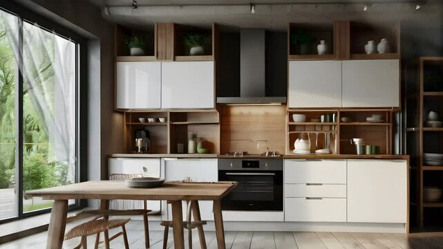Luxurious and elegant kitchen space with large glass windows. Seamless 4K looping timelapse video animation background