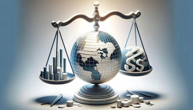 3D Abstract Balance Scale and Globe Icon for Global Finance Concept - Sleek Vector Design Isolated on White Background Representing International Economic Balance