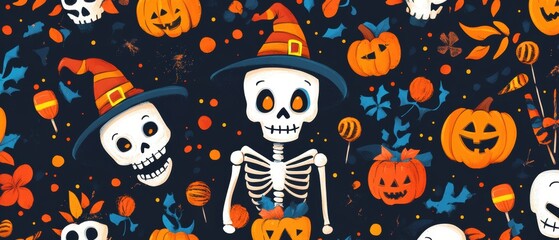 Happy Halloween Seamless Pattern with Cheerful Skeletons, Friendly Witches, and Festive Candies