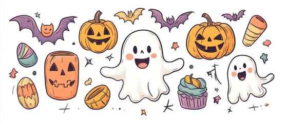 Halloween Doodle Design with Happy Ghosts, Playful Jack-o'-Lanterns, and Colorful Halloween Treats