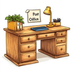 A wooden desk with drawers, a lamp, plant, keyboard, and stationery organized neatly, with a Post Office sign pinned on the wall suitable for illustrating office environments, postal services