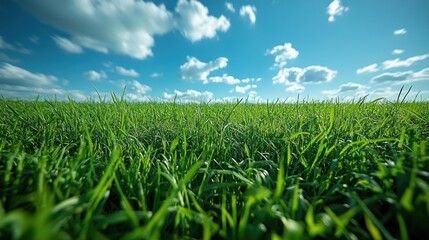 Green Grass Field with Blue Sky and Clouds