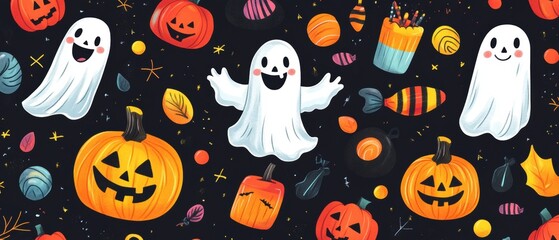 Halloween Doodle Design with Happy Ghosts, Playful Jack-o'-Lanterns, and Colorful Halloween Treats