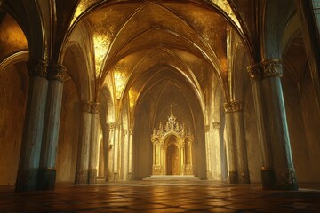 Fototapeta premium Palace Interior with Cathedral-Like Architecture and Old Stone Features