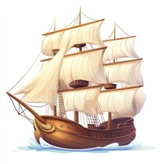 A detailed illustration of a classic wooden sailing ship with multiple sails billowing in the wind, ideal for nautical-themed designs, historical presentations