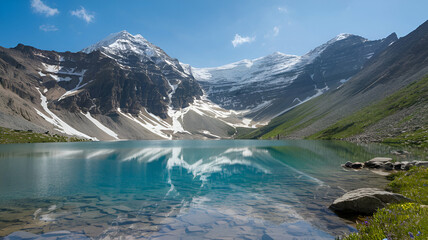 Fototapeta premium Crystal-Clear Mountain Lake with Snow-Capped Peaks Stunning Landscape of Nature's Serenity Reflections of Majestic Mountains Under Bright Blue Sky