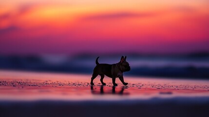 A silhouette of a dog walking along a beach at sunset, creating a serene atmosphere.