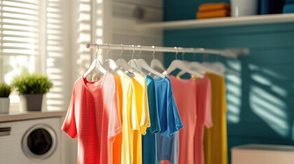 Fototapeta premium Vertical clothes drying rack in a modern laundry room with colorful clothes neatly arranged, highlighting space efficiency and organization.