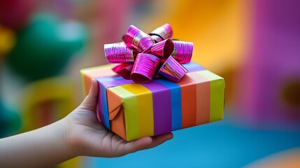 Child’s Hand Holding a Colorful Gift Box: A small hand grasping a brightly colored gift box with a large bow, set against a playful, kid-friendly background. 
