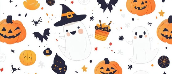 Halloween Doodle Pattern with Cute Jack-o'-Lanterns, Playful Witches, and Colorful Treats
