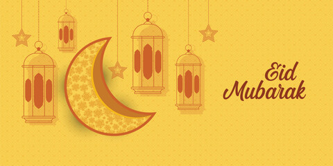 Eid Mubarak festival decorative greeting background with hanging moon, star and lantern
