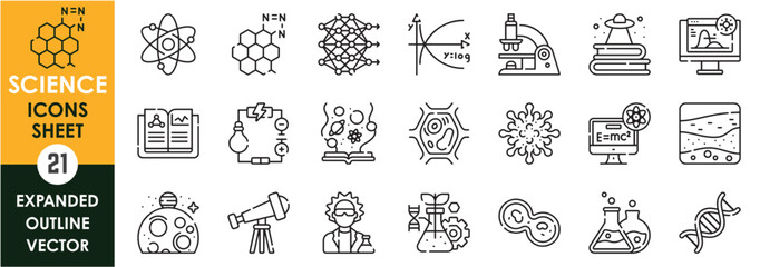 A set of line icons related to Science. Lab, chemistry, physics, atoms, biology, technology, scientist, math, geology, book, astronomy, and so on. Vector outline icons set.