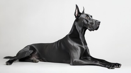 A sleek black Great Dane lying gracefully on a neutral background.