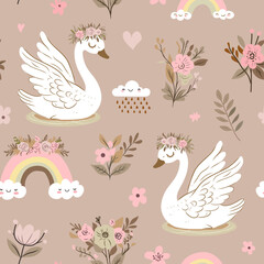 Seamless pattern with cartoon cute baby swan, gentle flowers, rainbow and clouds. Adorable texture with cute birds. Vector texture