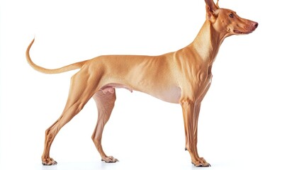 A sleek, tan dog stands in profile against a white background.