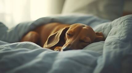 A sleeping dog nestled in a cozy blanket, exuding warmth and tranquility.