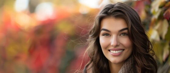 Fototapeta premium A woman with long brown hair is smiling and looking at the camera