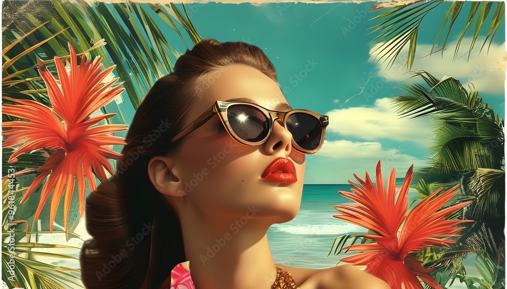 Wall mural chic woman in sunglasses amidst vibrant tropical palm abstract backdrop, blending contemporary art a