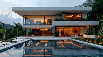 Modern House with Swimming Pool and Tropical Landscape 3D Illustration