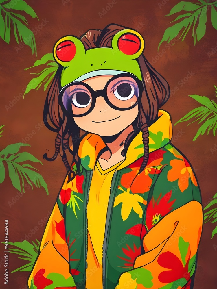 Sticker anime girl with frog hat and floral jacket