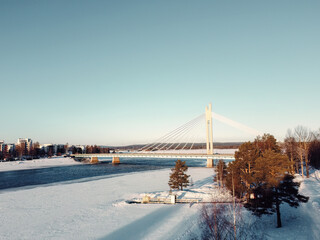 Drone shot of Lumberjack Candlestick Bridge in Rovaniemi, Lapland