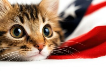 A kitten peeking out from behind an American flag, photorealistic, isolated on white background