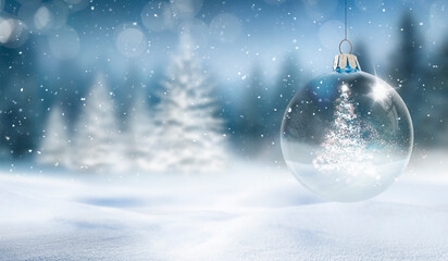 Weihnachtskarte mit Gläserner Weihanchtskugel, und Schneeflocken vor unscharfem Hintergrund