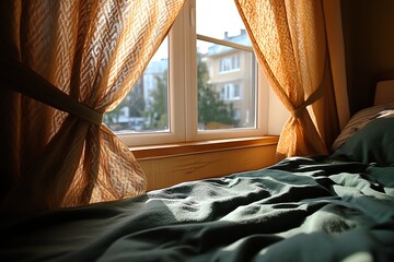 Spooky bedroom, ghostly sheer curtains, moving in the breeze create the illusion of unseen visitors passing by