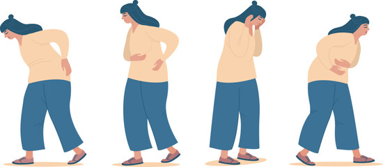 Obraz premium unhappy woman suffering from pain or ache in different body parts - chest, head, back, stomach. Set of ill people isolated on white background. Flat vector cartoon