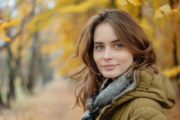 A woman with long brown hair and a brown coat is smiling