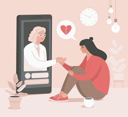 Online psychological help and support service. psychologist and her patient having video call. Online psychotherapy concept. Remote consultation. Mental health care. Flat vector illustration