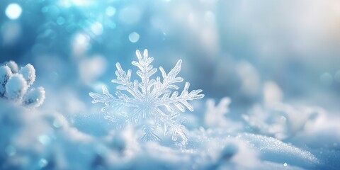 A delicate snowflake rests in a winter wonderland.