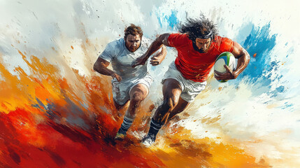 Athletes compete energetically while pursuing a rugby ball in an intense match filled with action