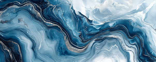 A cool blue and white marble texture with swirling patterns and metallic silver veins creating depth and movement.