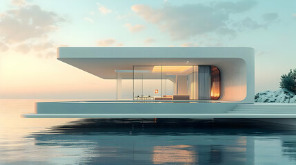 Fototapeta premium Minimalist Modern House on the Water 3D Illustration