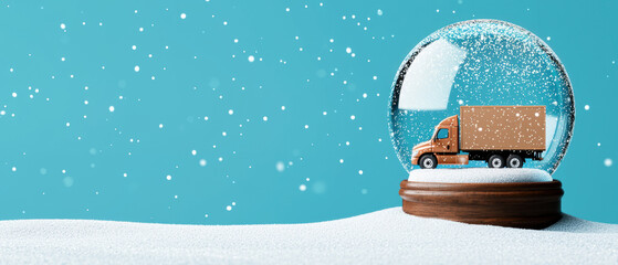 Cyber Monday deals reflected in a snow globe, featuring a delivery truck in motion Cyber Monday  snow globe, holiday deals and fast delivery