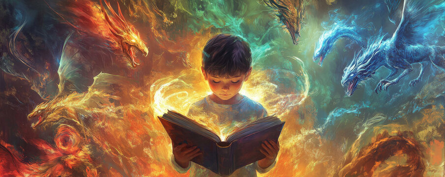 A child holding an open book, with magical creatures like dragons and phoenixes swirling around them in a colorful, glowing mist.