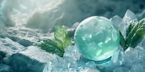 Fototapeta premium Green orb surrounded by ice and mint leaves.