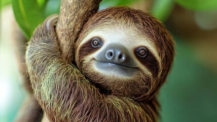 Naklejka premium A cute sloth hanging on a tree branch, showcasing its charming face and expressive eyes in a lush green environment.