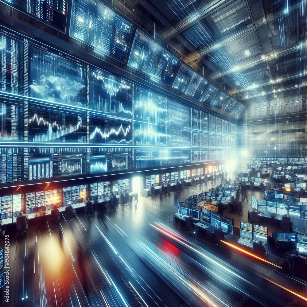Poster a dynamic scene of a modern financial trading floor filled with data screens displaying stock market