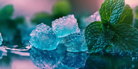Close up of ice cubes and a mint leaf.