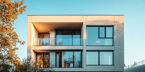 Modern building with large windows and a balcony.